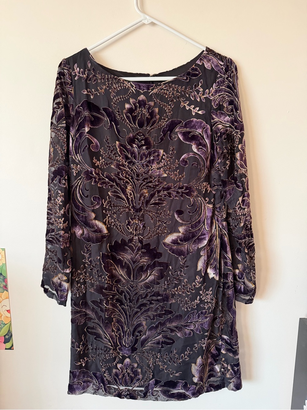 Vince Camuto Black & Purple Velvet Burnout Long Sleeve Shift Dress